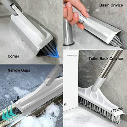 2 in 1 Cleaning Scrub Brush Grout Brush Scrape Floor Scrub Brush with Long Handle V-Shape Stiff Bristle Brush Scrubber with Squeegee 120°Rotating Shower Scruber for Cleaning Bathroom Glass Wall - color: White Color
