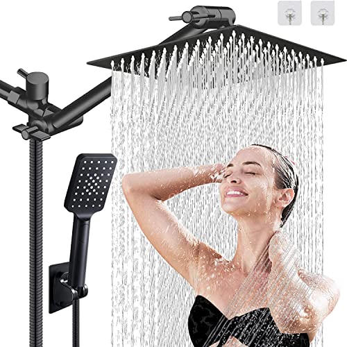 Shower Head, 10'' High Pressure Rainfall Shower Head with 3 Settings Handheld Shower Combo with 11''Extension Arm, Anti-leak Square Rain Shower Head with 78'' Hose/Holder(Matt Black Shower Heads) - color: Black, size: 10'' Showerhead Set