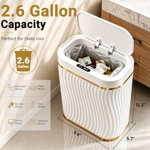 Bathroom Small Trash Can with Automatic Touchless Lid, 2.6 Gallon Smart Garbage Can Narrow Waterproof Trash Bin for Bedroom, Office, Living Room - color: 2.6 gallon-Gold white