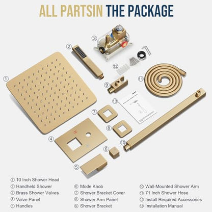 FPXRNG Shower Faucet Set Rainfall Shower System with Square Shower Head and Handle Set Rough-in Valve and Metal Trim Kit Included Paint Gold 10 Inch Wall Mounted Shower Fixtures - color: Paint Gold, size: 10 Inch Wall Mount Shower Head
