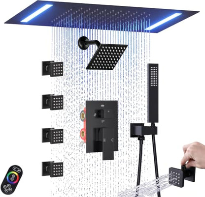 ENGA Dual Rain LED Shower System, 14"x20" Large Shower Head + 6" Wall Shower, 4 Body Jets with Individual On/Off & Adjustable Water Pressure, Rainfall Shower Faucet Set, Matte Black - color: Matte Black, style: 14X20" Led Shower - Body Jets