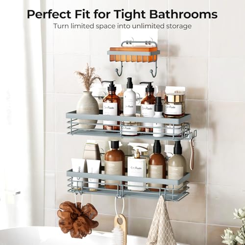 Orimade Adhesive Shower Caddy Soap Dish Holder Shelf with 5 Hooks Bathroom Organizer Basket Kitchen Storage Rack Wall Mounted No Drilling Stainless Steel - 3 Pack, Light Blue Grey - color: Light Blue Grey - 3 Pack