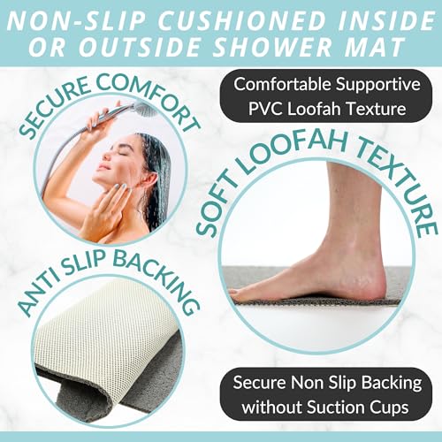 Enkosi Loofah Non-Slip Shower Mat - Shower Floors, Bathtub, Bathrooms, Wet Areas - Cushioned Bath Mat with Drain Holes - Quick Dry PVC, Secure Safety Pad Without Suction Cups (32x24 Grey) - color: Grey, size: 32" x 24" (Rectangular)