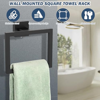 Black Hand Towel Holder, Stainless Steel Matte Black Towel Ring, 6.3 Inch Square Bathroom Hand Holder, Space Saving for Wall