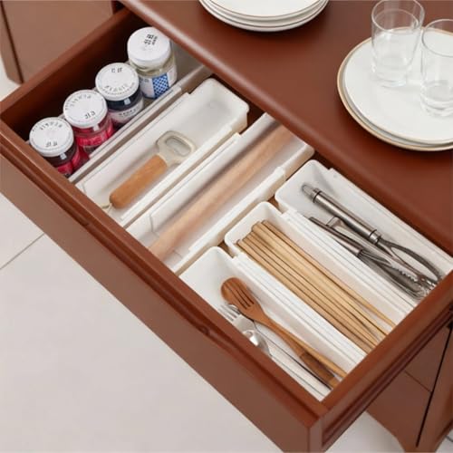 4 Pcs Expandable Sliding Drawer Organizer Bin, Adjustable Length Storage Tray for Kitchen Utensils, Straw Organizer, Bathroom, Office - Durable Plastic Space-Saving Design