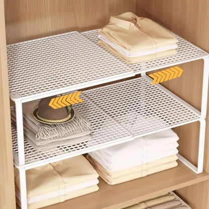 Expandable Stackable Cabinet Organizer - Adjustable Storage Shelf Rack for Kitchen, Bathroom, Pantry, and Office Space Saving - color: White