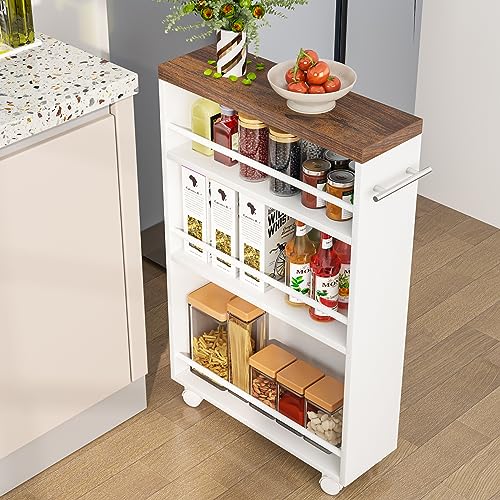 Tribesigns Slim Storage Cart, Rolling Narrow Kitchen Cart on Wheels for Small Place, 4-Tier Slide Out Slim Utility Cart Skinny Laundry Cart with Handle for Kitchen, Bathroom, Laundry - style: Modern