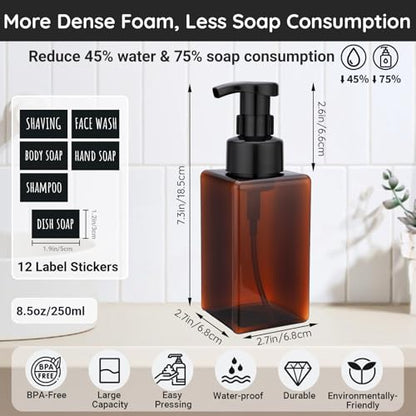 Segbeauty 15.2oz Amber Plastic Refillable Foaming Soap Dispenser Pump Bottle for Bathroom, 4pcs Empty Shampoo Foamer Bottle with Foaming Pump, 450ml Square Kitchen Liquid Soap Dispenser with Labels - color: Amber, style: 4pcs 15.2oz