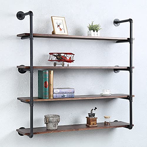 Industrial Pipe Shelves With Wood Planks,Rustic Pipe Shelving Wall Shelf | Metal Pipe Solid Pine Wood,Easy to Assemble,Wooden Board Thickness 0.78 In,For Bar Farmhouse Kitchen Office Bathroom,Bedroom - color: 4-layer, size: 48in