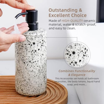 Bathroom Accessories Set 4 Pcs - Featuring Unique Ink-Splattered Design - Ceramic Bathroom Accessory Sets Contain Toothbrush Cup, Soap Dispenser, Soap Dish, Tumbler (White)