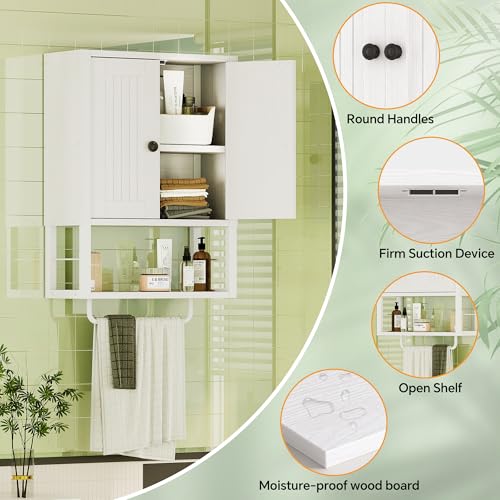 Homeiju Rustic Wall Mounted Medicine Cabinet, White Wood Storage Cabinet with Two Barn Doors, Shelf and Towel Bar for Bathroom, Living Room, Kitchen, White - size: 29.9'' H