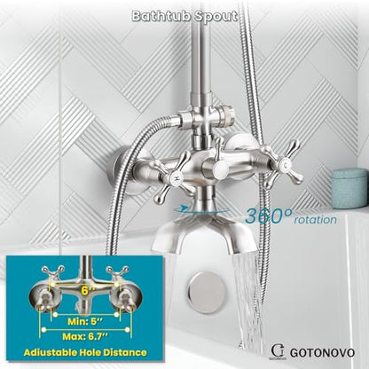 gotonovo Exposed Shower Tub Faucet Set 3 Function Wall Mount,Brushed Nickel | Shower System Fixtures with Tub Spout,8” Rain Head and Handheld,360°Rotation,Adjustable Height,for 5-6.7" Hole,Outdoor/Indoor - color: Nickel