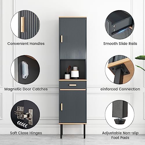 Tangkula Tall Bathroom Cabinet, Freestanding Storage Cabinet w/Doors Cabinet, Open Compartment & Drawer, Narrow Tower w/ 3-Position Adjustable Shelves, Anti-toppling Device & Metal Legs