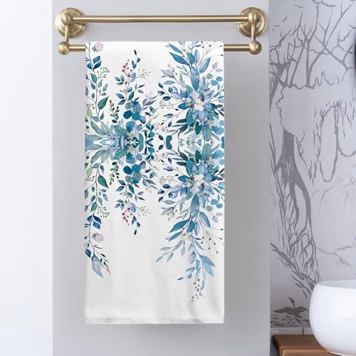 2 Pack Blue Eucalyptus Bathroom Hand Towels Decorative Plant Leaves Dish Kitchen Towels 16x27 Inch Navy Floral Botanical Absorbent Soft Microfiber Bath Fingertip Towels Hotel Spa Decor