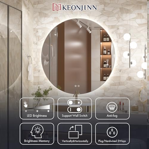 Keonjinn 40 Inch Large Round LED Mirror with Backlit, Safe Tempered Glass | Oversized, 3000K/4500K/6000K, Safe Defogging, Dimmable, Memory Function, Hardwired/Plug in, French Cleat Installation, Salon - size: 40"L x 40"W