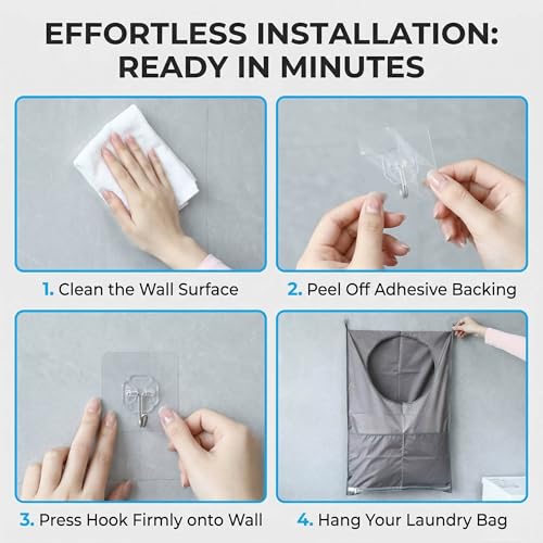 Hanging Laundry Bag, Over the Door Laundry Hamper with Door Hooks & Adhesive Hooks, Large Capacity Laundry Organizer with Bottom Zipper & 2 External Pockets for Bathroom, Dorm, RV, Small Space