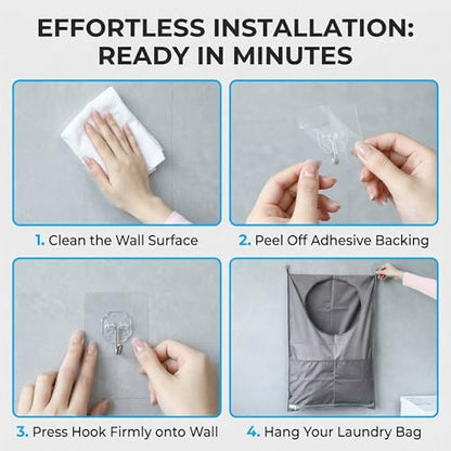 Hanging Laundry Bag, Over the Door Laundry Hamper with Door Hooks & Adhesive Hooks, Large Capacity Laundry Organizer with Bottom Zipper & 2 External Pockets for Bathroom, Dorm, RV, Small Space