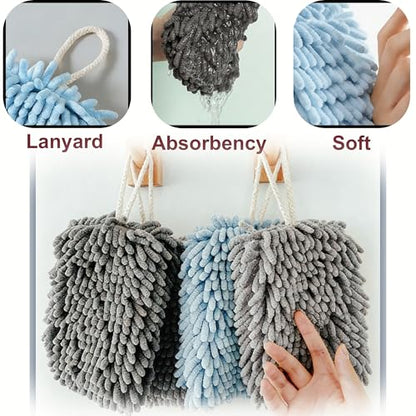 Microfiber Chenille Hand Towel, Soft Hanging Absorbent Quick Dry Towels 2Pcs Kitchen, Bathroom Hand Drying Cleaning with Creative Decoration Towel Set. (Grey+Blue)