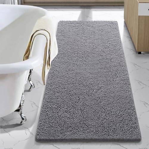 LOCHAS Luxury Bathroom Rug Shaggy Bath Mat 24 x 54 Inch, Gray | Washable Non Slip Bath Rugs for Bathroom Shower, Soft Plush Chenille Absorbent Carpets - color: Grey, size: 2' X 4'6" (24''x54'')
