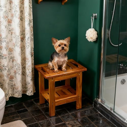 Utoplike Teak Shower Stool, Compact Showers Bench, Foot Rest Shaving Legs | Foot Stools for Shave Legs, with Shelf & Handle, 2-Tier. Small Wooden Bath Seat with Non-Slip Feet for Bathroom, Bathtub - size: Small