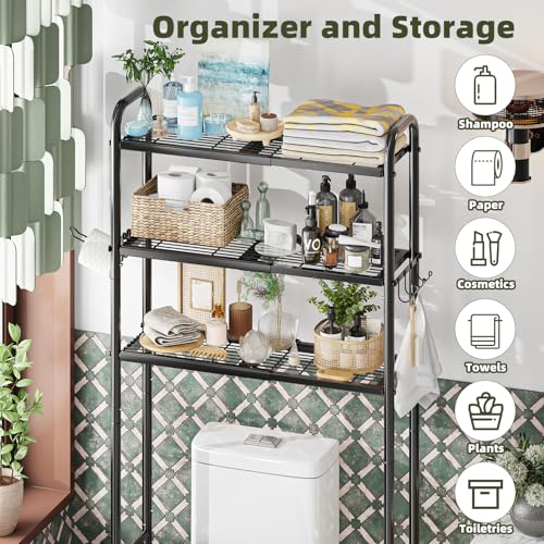 Simple Trending Expandable Over The Toilet Storage Rack, Metal 3 Tier Bathroom Organizer Shelf with Paper Holder and 3 Hooks, Black - color: Black