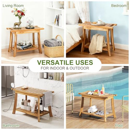 24" Teak Shower Bench with Towel Bar & Shelf - 2-Tier Bath Stool | Solid Teak Shower Stool, Safety Non-Slip Feet, 300lbs Capacity Spa bath Seat, Leg Shaving, Sauna, Indoor & Outdoor Use
