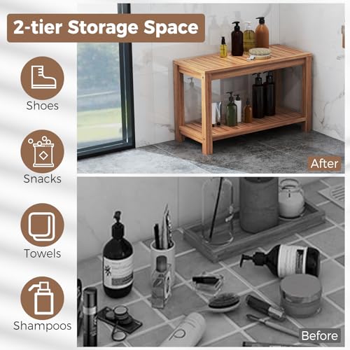 Giantex Teak Shower Bench with Shelf, 30 Inch Shower Stool with Slatted Seat for Elderly Seniors, Waterproof Bathroom Spa Bathing Seat Foot Rest Entryway Bench for Indoor and Outdoor Use - size: 30" x 12.5" x 18"