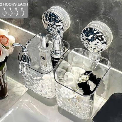 2 Pack Suction Cup Shower Caddy, Wall Mounted Suction Electric Toothbrush Holder for Bathroom, Clear Shower Rack with 2 Movable Hooks, Toothpaste and Razors Shower Organizer - style: Small size, 2 pieces