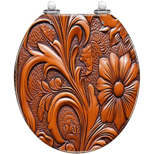 Round Resin Toilet Seat, Quietly Close Quick Release Hinges Cover | Toilet Lid Cover Easy to Clean and Install, Hand Tooled Leather Heavy Duty Toilet Seat - color: pattern4, size: O-shape