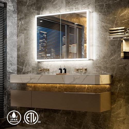 40x30 Front & Backlit Medicine Cabinet with Mirror, 155°Soft-Close Hinge, Surface or Recessed Dimmable Lighted Medicine Cabinet Mirror with Clock Outlet Inner Light,Anti-Fog - size: 40x30'' (Cabinet)