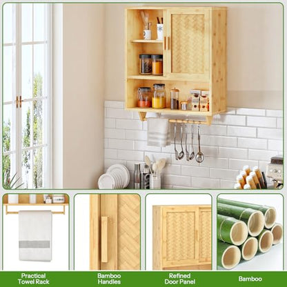 HOOBRO Bathroom Cabinet Wall Mounted, Bamboo Over Toilet Cabinet, Medicine Cabinet with Towels Bar & Adjustable Shelves, 23.6 x 7.9 x 28.5 Inches, for Bathroom, Laundry, Kitchen, Natural YL63CW01