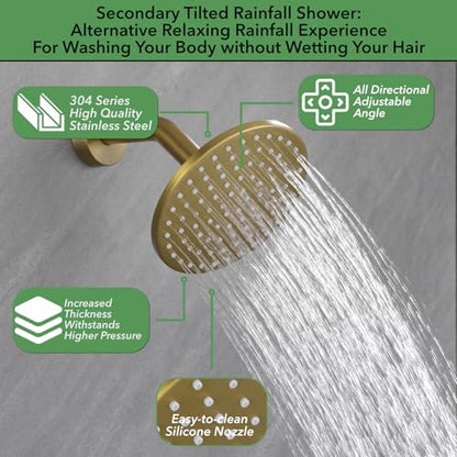 VANFOXLE Thermostatic Shower Faucet Set Brushed Gold Shower System | Push Button Diverter, 12 Inch Ceiling Mount Rain Head Increased Thick, 6 Inch Side Head, 2-in-1 Handheld Sprayer, Modern - color: Brushed Gold, style: 12 Inch