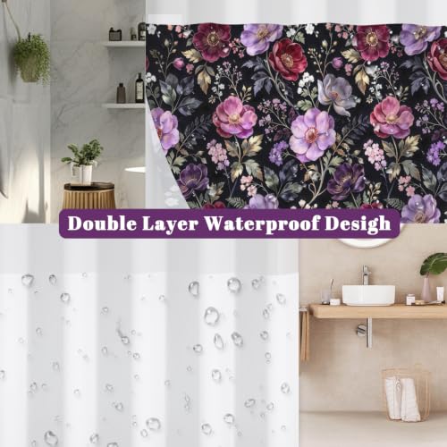 Moody Floral Shower Curtain with Snap in Liner & Tassels, 71Wx77L | No Hook Needed, Double Layer Waterproof Fabric with Mesh Top, Dark Botanical Flower Design for Modern Bohemian Style Bathroom - color: Noble Flowers