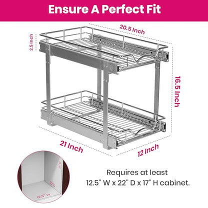 2-Tier Pull-Out Cabinet Organizer for Kitchen, 12" W x 21”D x 16.5" H | Full-Extension Sliding Shelves, Holds 100 lbs, Easy Install for Kitchen, Pantry & Under Sink Cabinets - size: 12 Inch