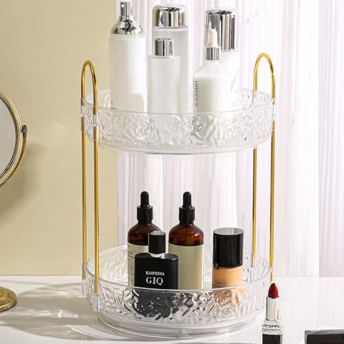 Fangoo 2 Tiers Clear Rotating Makeup Organizer for Vanity, 360 Spinning Skincare Organizers for Dresser Perfume Organizer Large Skincare Make up Storage Cosmetic Organizer for Bathroom Countertop - color: Clear, size: 2 Tiers