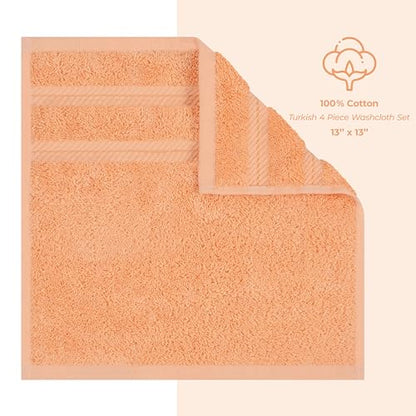 American Soft Linen 100% Cotton Luxury Turkish Towels, 4 PC Washcloth Set | Soft Absorbent Quick Dry OEKO Tex Standard 100 Certificated Durable Machine Washable Premium Hotel Quality - color: Malibu Peach, size: 13"x13"