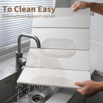 Foldable Stone Dish Drying Mat for Kitchen Counter, Diatomaceous Earth Drying Mat with Non-Slip Backing, Heat Resistant Multifunctional Mat for Kitchen & Bathroom, Instant water absorption-(24"×16") - color: White