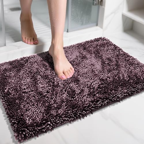 Yimobra Chenille Bathroom Rugs Non Slip, Extra Thick Soft Absorbent Bath Rug 31.5x20 Inch, Machine Washable Quick Dry Bath Mat for Bathroom Floor, Tub and Shower, Home Decor Accessories, Purple Grey - color: Purple Grey, size: 31.5" X 20"