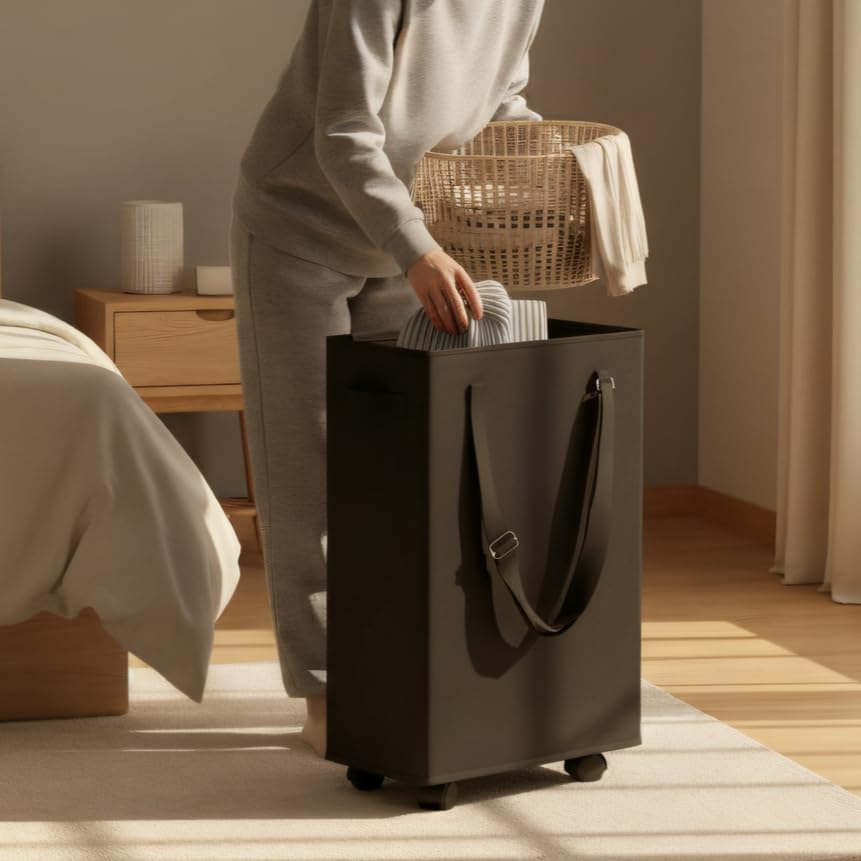 45L Slim Rolling Laundry Basket with Wheel & Adjustable Long Handles, Black | Small Laundry Baskets with Mesh Top, Narrow Dirty Clothes Hamper for Bedroom, Closet, and Bathroom - color: Black - Rolling, size: 45L