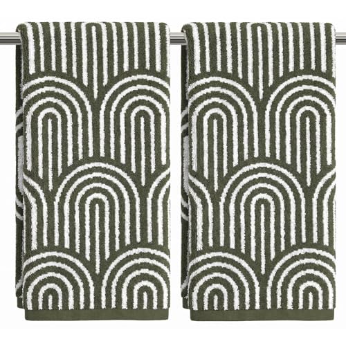 Artoid Mode 2 Pcs Beige Olive Green Arched Stripes Jacquard Hand Towels for Bathroom, Cotton Soft Absorbent Bathroom Decor Towels, 13.7 x 29.5 Inch - color: Beige/Olive Green, size: 13.7" x 29.5", 2PCS