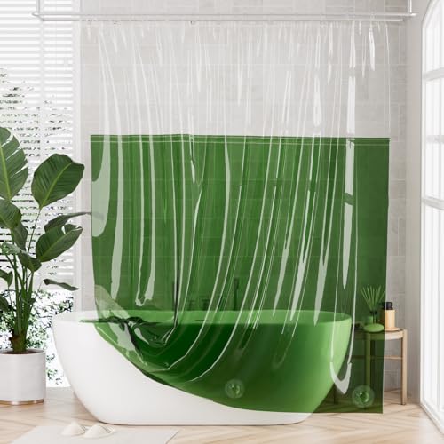 AmazerBath 100% EVA Shower Curtain Liner, 72 x 72 Inches Heavy Duty Shower Curtain and Liner 2-in-1 with 3 Clear Stones and 12 Brass Grommets, Color Block Soft Shower Liner - Clear & Pine Green - color: Rainbow Flip Emerald