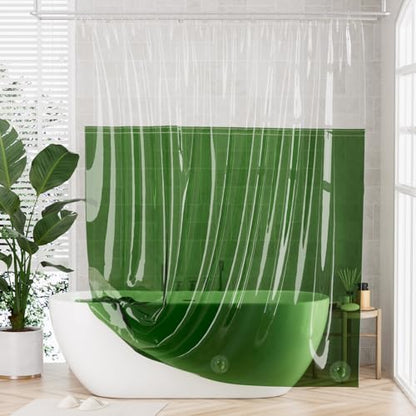AmazerBath 100% EVA Shower Curtain Liner, 72 x 72 Inches Heavy Duty Shower Curtain and Liner 2-in-1 with 3 Clear Stones and 12 Brass Grommets, Color Block Soft Shower Liner - Clear & Pine Green - color: Rainbow Flip Emerald