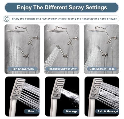 BRIGHT SHOWERS High Pressure Rain Shower Head Combo with Double Extension Arm, 8 Inch Rainfall Shower Head with Handheld Spray, Height Adjustable Dual Square Showerhead Set, Brushed Nickel - color: Brushed Nickel, style: Dual Shower Head with Extension Ar