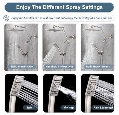 BRIGHT SHOWERS High Pressure Rain Shower Head Combo with Double Extension Arm, 8 Inch Rainfall Shower Head with Handheld Spray, Height Adjustable Dual Square Showerhead Set, Brushed Nickel - color: Brushed Nickel, style: Dual Shower Head with Extension Ar