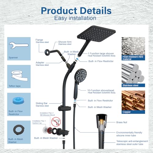 Rain Shower Head with Handheld High Pressure rainfall Shower Heads with Handheld Spray Combo,Black - color: Black