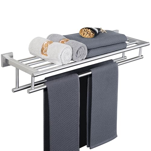 Alise Double Towel Rack for Bathroom Wall Mounted 28 Inch,Brushed Nickel | Bathroom Tower Holder Towel Shelf with Double Towel Bars,SUS304 Stainless Steel Towel Rack with Shelf - color: Brushed Nickel, size: 700mm/28-Inch(Double Bars)