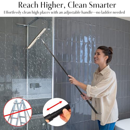 Shower Squeegee with Long Handle – Includes Replacement Silicone Blade, Extendable 13" to 48", 14" Wide for Glass, Mirrors, Windows, Bathroom Tiles & Walls, Telescopic Wiper with Hooks (Black)