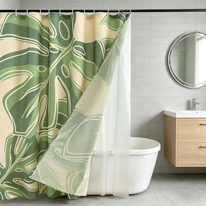 Tropical Plants Linen Shower Boho Curtain Set with Liner,72" Wx72 L | Double Layer Shower Curtain Waterproof Fabric with Zippered Removable PEVA Liner,Boho Shower Curtain for Bathroom,Free Hooks - color: Monstera Leaf