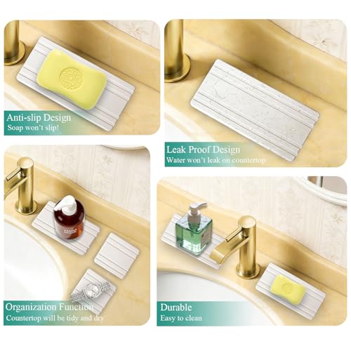 3PCS Water Absorbing Stone Tray, Quick Drying Diatomite Stone Sink Tray, Water Absorbent Diatomite Coasters for Kitchen Sink, Bathroom Counter Hand Soap Dish Toothbrush Holders - color: White