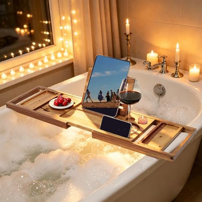 Expandable Wooden Tray Bathtub Tray, Bathroom Tray with Reading Rack & Wine Cup Slot.